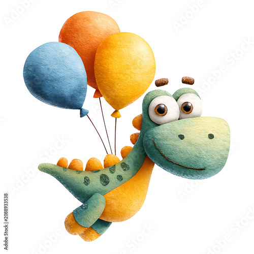 Cute cartoon dinosaur carrying colorful balloons, isolated on white, ideal for summer fun, party decorations, children’s crafts, and festive designs.