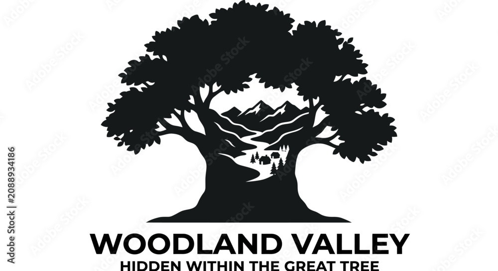 Fototapeta premium Silhouette of a Great Tree with Woodland Valley Hidden Inside.