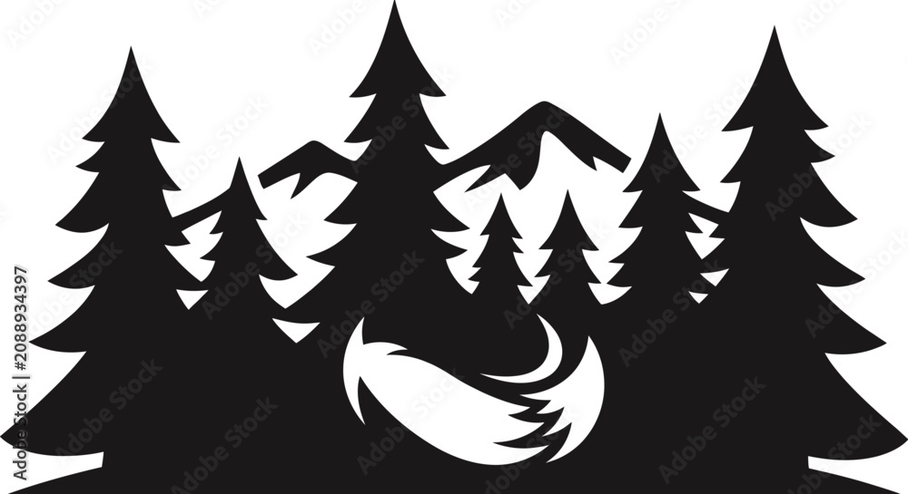 Obraz premium Stylized forest scene with mountains and a fox tail silhouette.