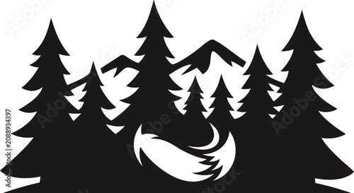 Stylized forest scene with mountains and a fox tail silhouette.