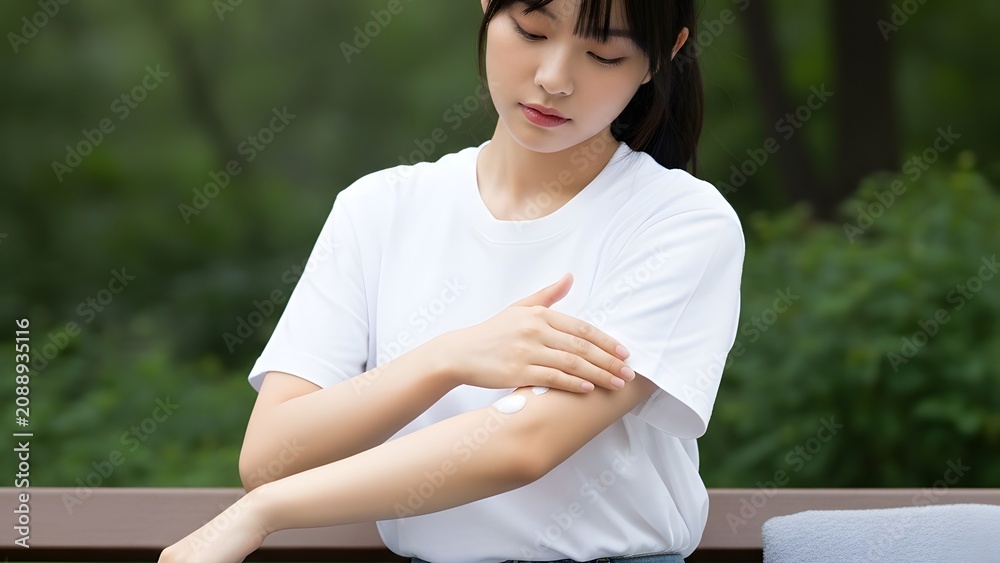 Fototapeta premium Beautiful young Asian woman applying moisturizing sunscreen lotion on arm outdoors