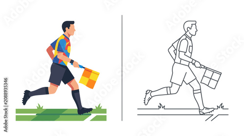 Bild auf Leinwand Soccer Referee Running with Flag, Sports Official, Line Judge