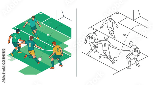 Foto Soccer game play illustration, isometric view, strategy, team sport, action, gra