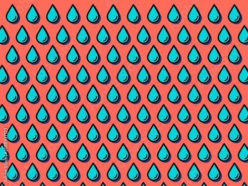Seamless Blue Water Drop Comic Pattern on Coral Background