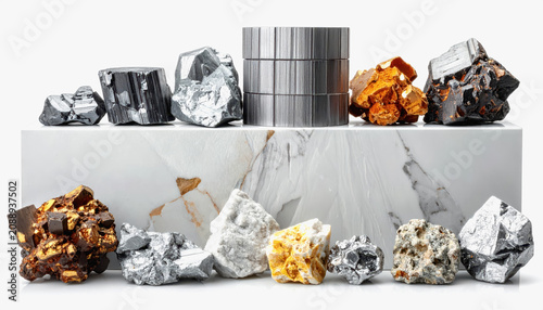 Collection of Minerals and Metal Samples on Marble Surface