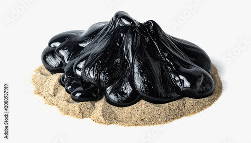 Glossy Black Slime Blob Resting on Beach Sand Against White Background