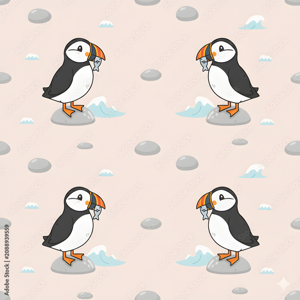 Fototapeta premium Seamless pattern featuring cute cartoon Atlantic puffins with colorful orange beaks