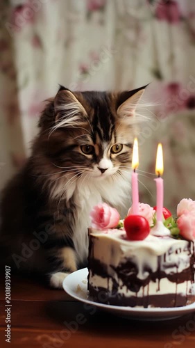Cat sitting and looking at the cake on the table. Cats birthday. Cute cat at a party cake with candles at home. Greeting card, birthday, anniversary or holiday concept. Confectionery, bakery