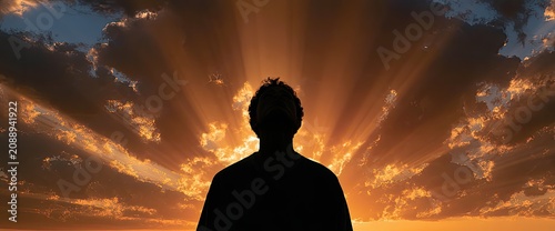 Silhouette of a person looking up at dramatic sunburst rays