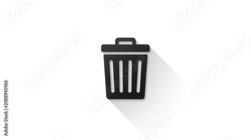 Close-up of a black trash bin icon on white background with shadow, minimalistic design