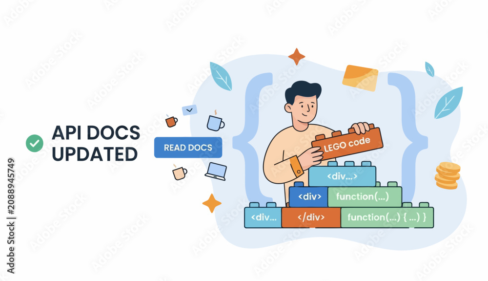 Fototapeta premium A man building code for api docs web site with lego blocks art kit