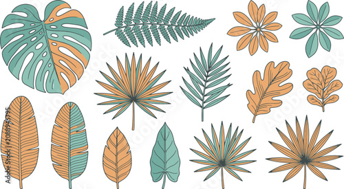 Принти на полотні Doodle collection of exotic tropical leaves and botanical foliage in two-tone ha