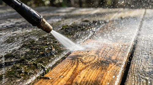 High pressure water jet cleaning mossy wooden deck surface.