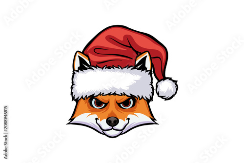 Illustration of a fox's head wearing a Santa hat