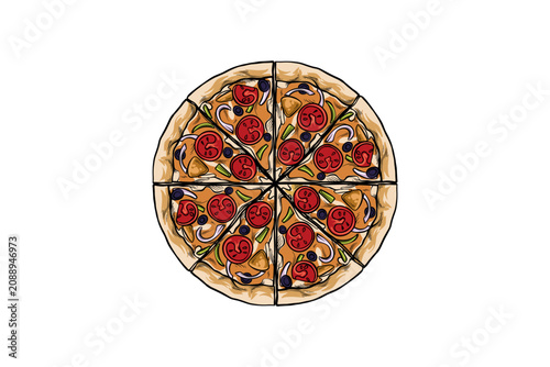 Handdrawn illustration of a sliced ​​pizza