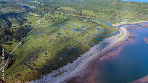 Aerial Drone View of Coastal Marsh, Meandering River and Sandy Beach