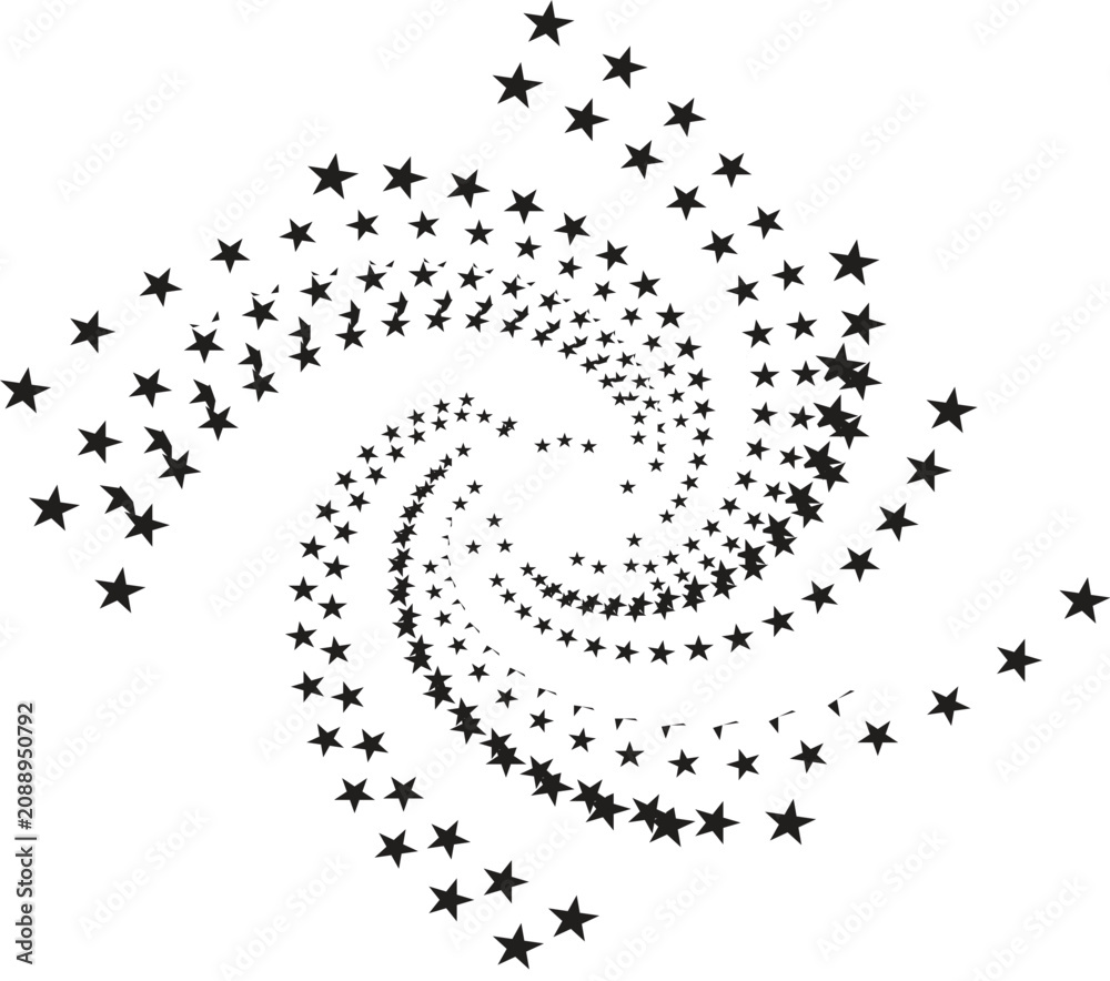Fototapeta premium Spiral arrangement of black stars a swirling pattern with a central focus on transparent background