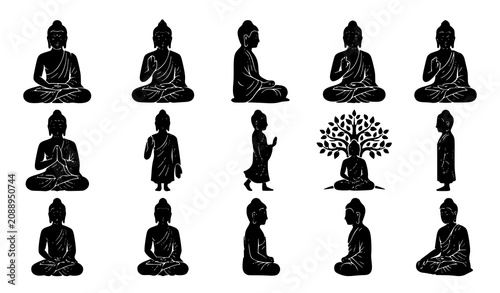 Konstfotografi Black and White Buddha Meditation Silhouettes Vector Collection with Spiritual P