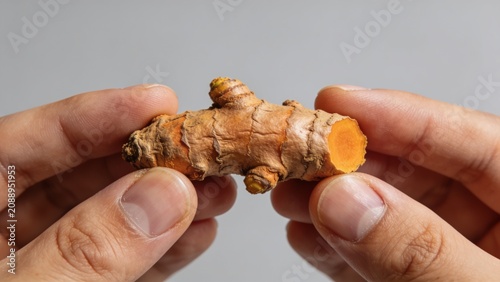 Ultra Realistic Close Up of Fresh Turmeric Root Held in Hand Against Clean Gray Background for Organic Herbal Ingredient Concept