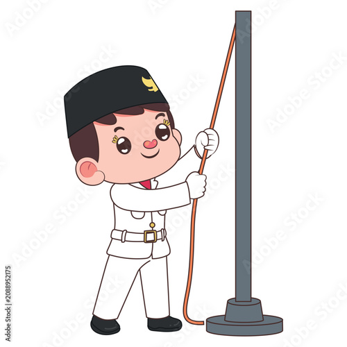 Illustration of a young Paskibra member in formal white uniform and songkok hat raising the Indonesian national red and white flag on a silver pole, patriotic chibi style character art.