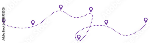 Obraz na plátně Purple dotted line with location pins on a white background for navigation and m