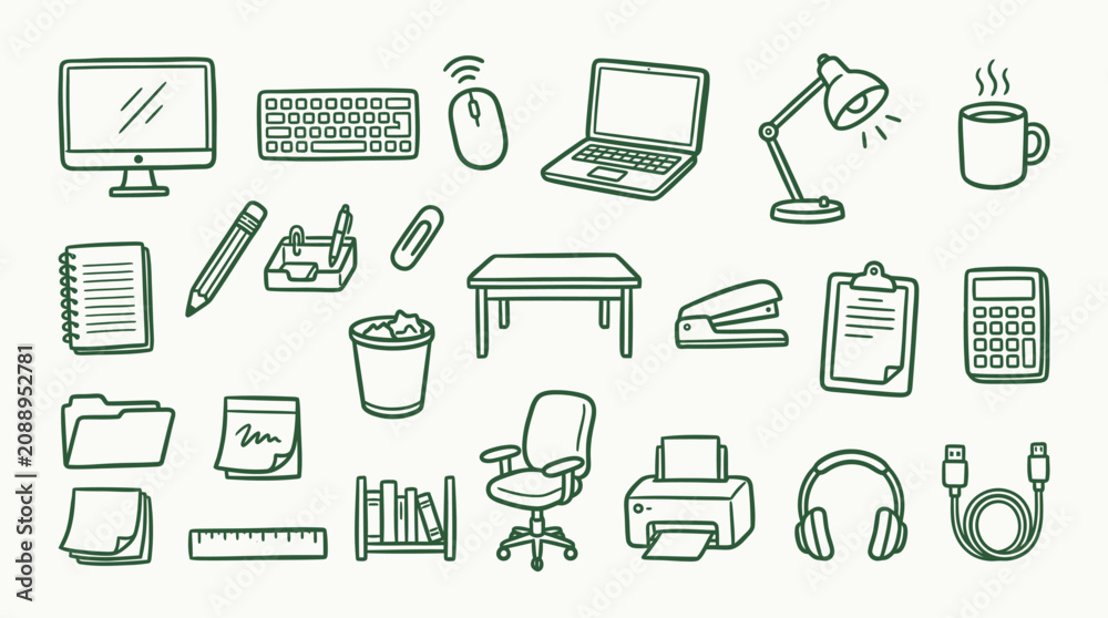 Fototapeta premium Collection of hand-drawn office supplies and equipment, perfect for business or study themes.