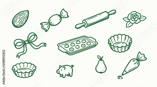 Tableau sur toile Collection of hand-drawn baking and confectionery icons, including an almond, candy, rolling pin, rose, bow, muffin tin, tart molds, piglet, pear, and piping bag