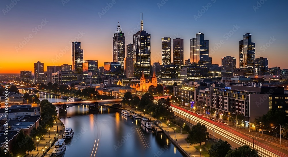 Fototapeta premium City Skyline at Sunset with Modern Skyscrapers and Reflective River.