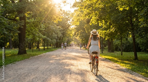 Cyclist rides a bicycle down a tree lined path during a warm sunset in a public park.