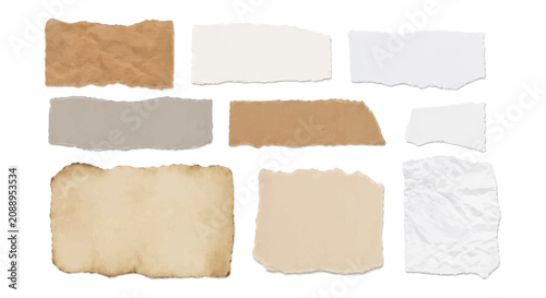 Vintage torn paper backgrounds set, rustic blank cardboard notes and textured sepia paper pieces