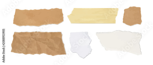 Crumpled brown kraft paper fragments, ripped blank white paper sheets pack for mockup