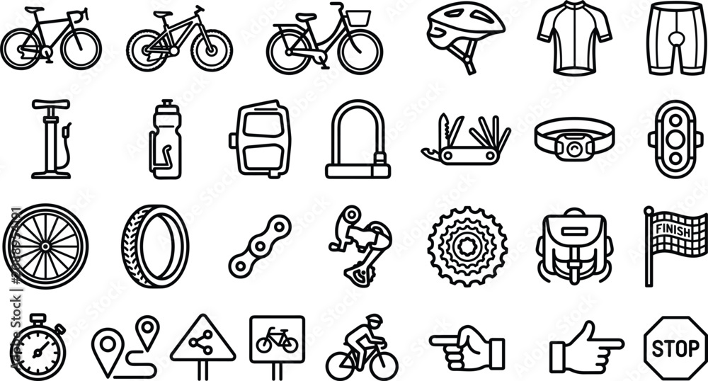Fototapeta premium Bicycle line icon set with bike helmet pump wheel chain jersey backpack lock traffic signs vectors,