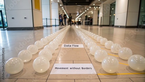 Creative installation of translucent spheres symbolizing data flow and unrestricted movement in a modern urban space
