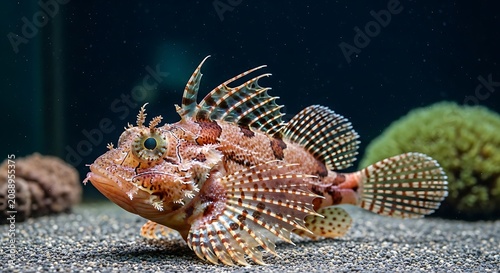 Close up of a colorful scorpionfish resting on the sandy ocean floor.