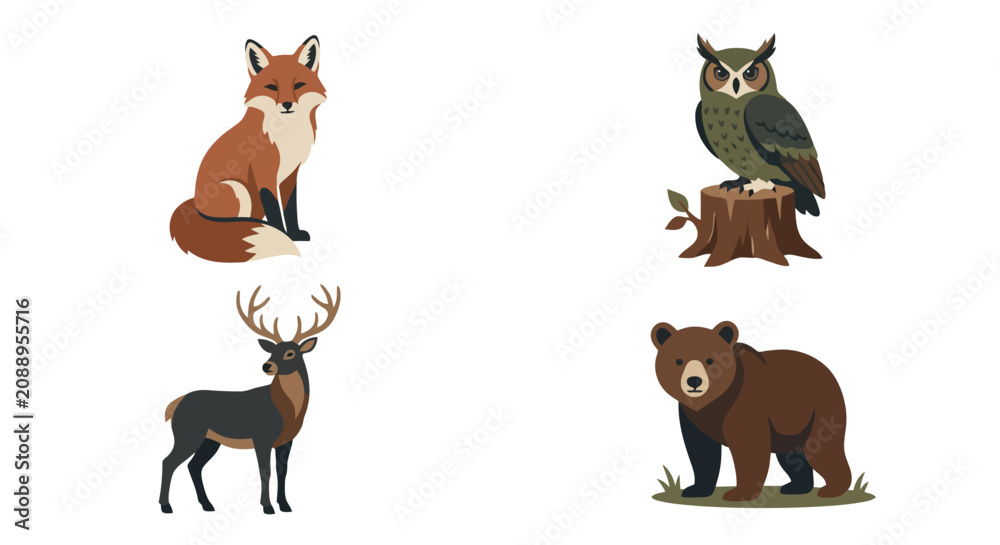 Obraz premium Red fox sitting and stag standing isolated on white background flat design