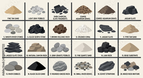 Educational chart showing various types of natural stones, rocks and sand