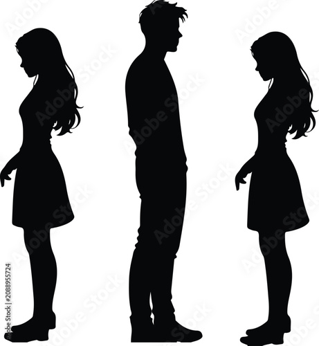 Silhouette of man and two women standing side by side symbolizing communication, relationship, and social interaction concept for vector design