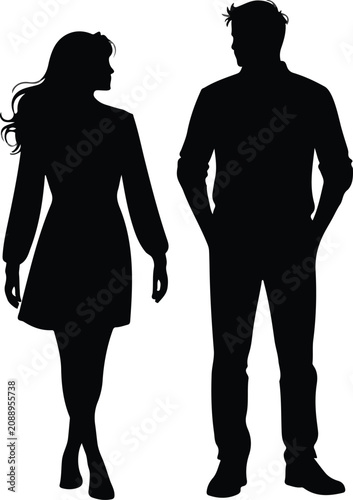 Silhouette of man and woman standing side by side symbolizing relationship, communication, and equality concept for vector design