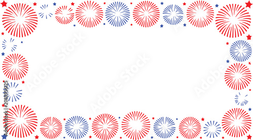 Rectangular decorative border with red and blue fireworks and stars symbolizing celebration and patriotic festive concept vector design