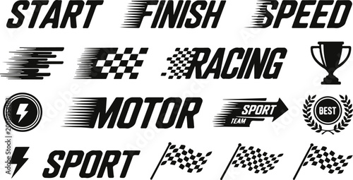 Racing‑themed graphic set with bold text, checkered flags, and trophy icons symbolizing speed, competition, and victory vector design