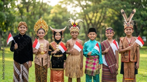 Indonesian children in traditional regional costumes with flags.