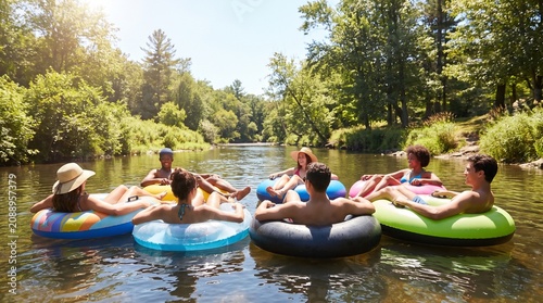Friends float on inflatable tubes down a calm river surrounded by lush green forest trees during summer.