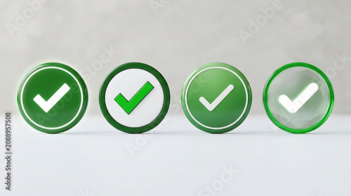 Collection of four digital checkmark icons in various shades of green representing validation and approval