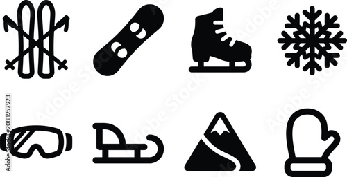 Картината върху платно Winter Sports Equipment Silhouettes On A White Background Featuring Skiing And S