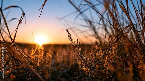 Golden hour sunrise through tall dry grasses, casting warm light