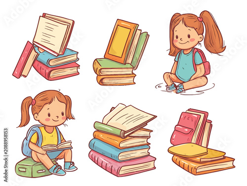 Children Enjoying Reading Books While Sitting On Stacked Books Vector Illustration.