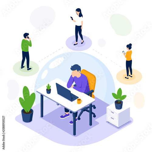 Remote Work Office Scene with People Using Devices and Technology.