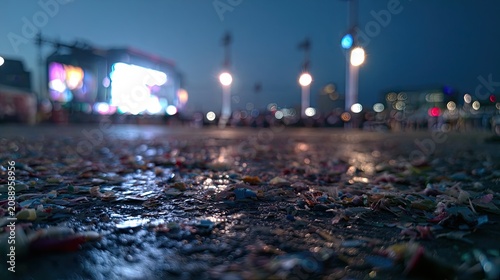 Ground level view of festival with confetti and distant stage