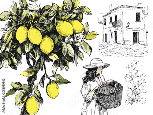 Vintage Illustration Of Woman Harvesting Lemons Near Mediterranean Coastal House Vector Illustration.