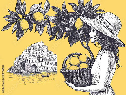 Woman Holding Basket Of Lemons Beneath Lemon Tree With Italian Village Background Vector Illustration.
